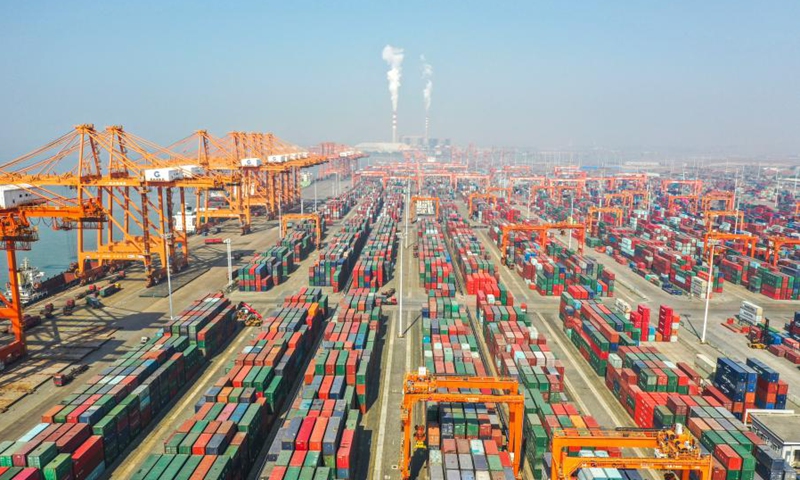 Aerial photo taken on Jan. 14, 2021 shows the container terminal of Qinzhou Port in south China's Guangxi Zhuang Autonomous Region.Photo: Xinhua 
