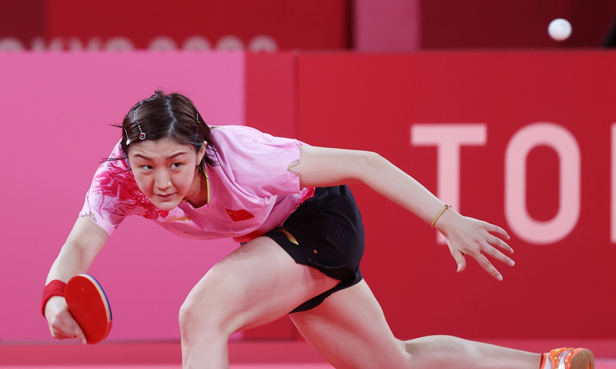 Chinese paddler Chen Meng returns a shot to compatriot Sun Yingsha in the table tennis women's singles final at the Tokyo Olympics on Thursday. Photo: Cui Meng/G