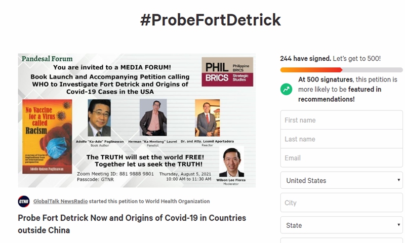 Photo: screenshot of the Filipino petition urging probe into US' Fort Detrick biolab