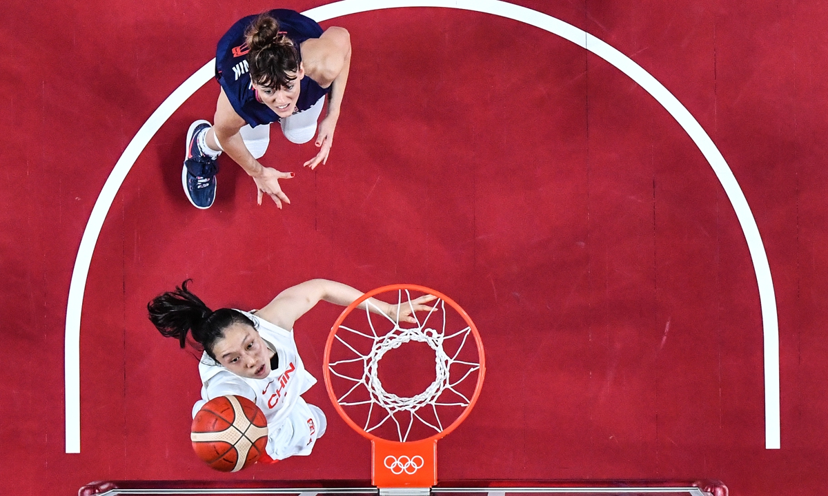 Chinese player Shao Ting drives in for a layup against Serbia at the Tokyo Olympics on Wednesday. Photo: Xinhua