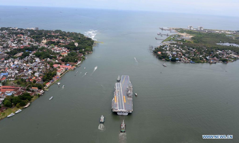 India's first indigenously designed and built aircraft carrier Vikrant begins its sea trials off the coast of Kochi in the southern state of Kerala, India, Aug. 4, 2021. The aircraft carrier is the largest warship built in the country having a displacement of about 40,000 tonnes. It is 262 meters long, 62 meters at the widest part and a height of 59 meters including the superstructure. (UNI via Xinhua)