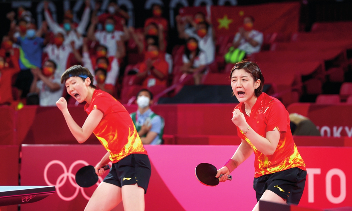 Chinese ping-pong player Chen Meng (right) and Wang Manyu cheer for victory as China overcame hosts Japan with 3-0 in straight matches to claim its fourth consecutive title in the women's table tennis team competition at the Tokyo Olympic Games on Thursday. (See the story on Page 22) Photo: Cui Meng/GT