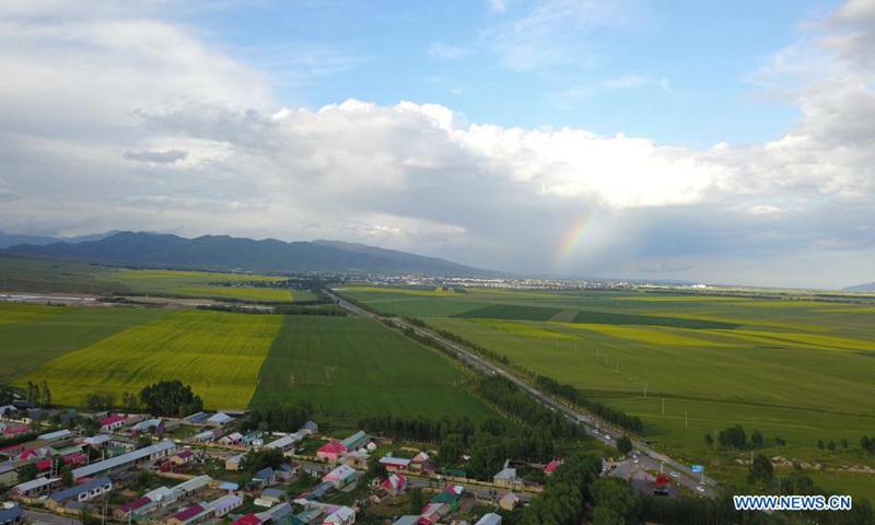Aerial photo taken on July 17, 2021 shows a rainbow in Zhaosu County, northwest China's Xinjiang Uygur Autonomous Region. (Xinhua/Zhang Xiaocheng)