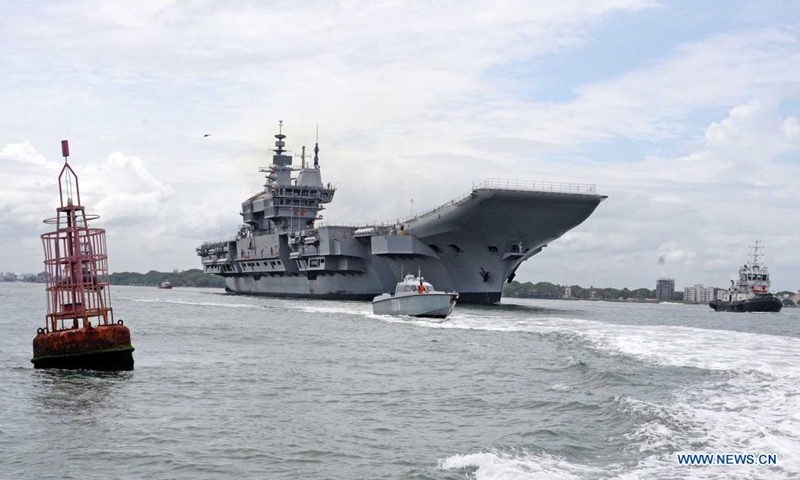 India's first indigenously designed and built aircraft carrier Vikrant begins its sea trials off the coast of Kochi in the southern state of Kerala, India, Aug. 4, 2021. The aircraft carrier is the largest warship built in the country having a displacement of about 40,000 tonnes. It is 262 meters long, 62 meters at the widest part and a height of 59 meters including the superstructure. (UNI via Xinhua)