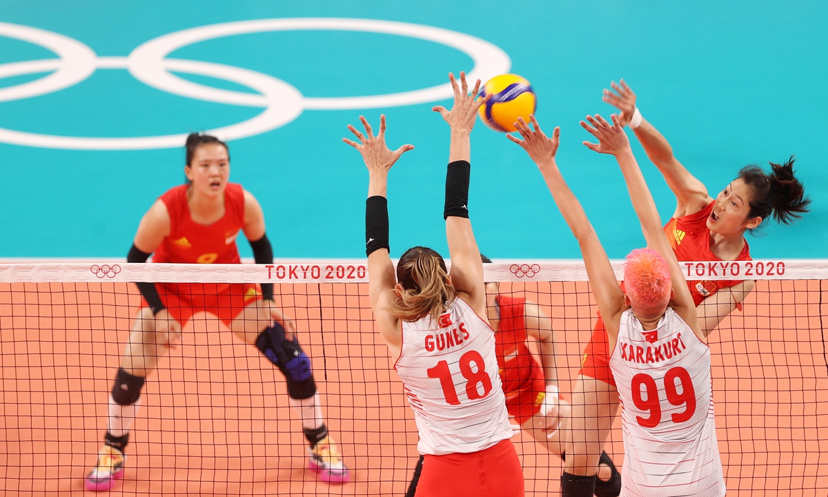 China's Zhu Ting (right) spikes during the match against Turkey at the Tokyo Olympics on July 25. Photo: Cui Meng/Global Times