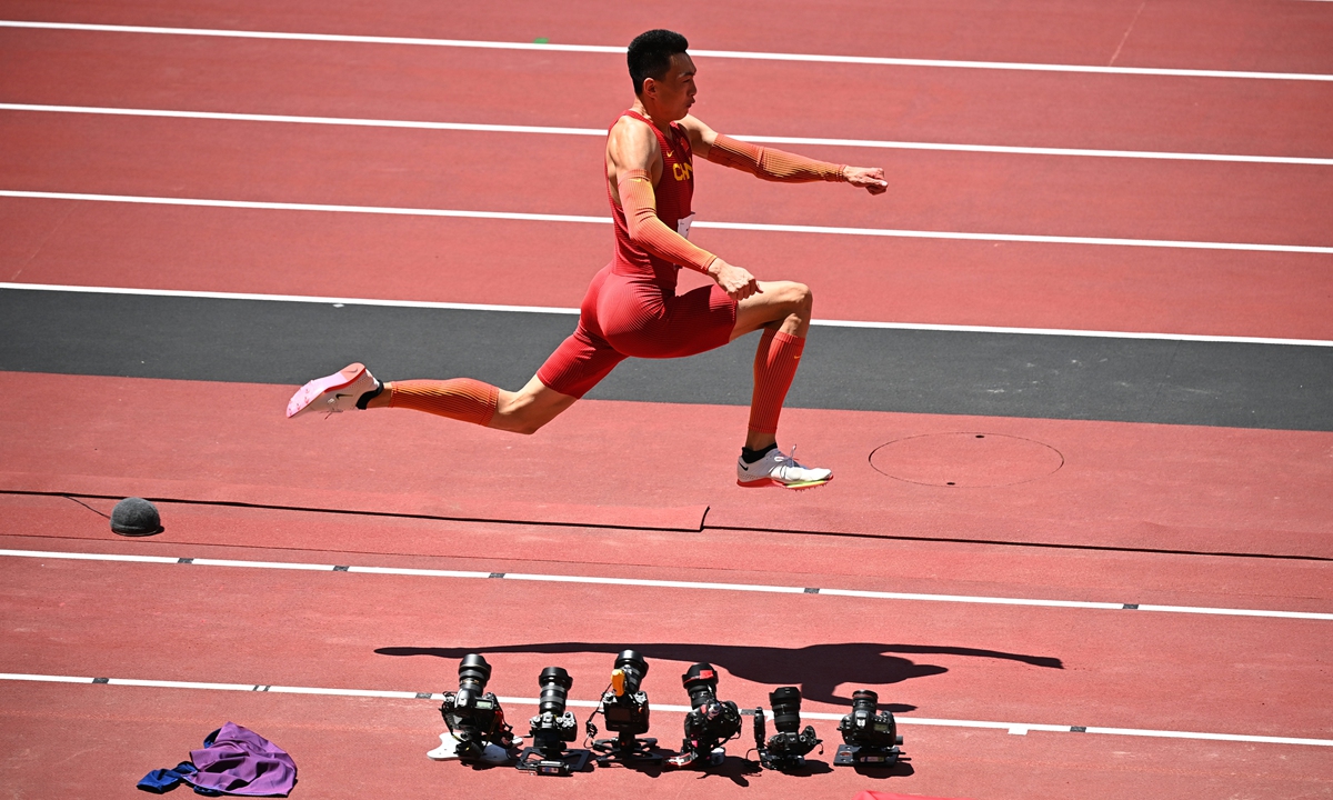 Zhu Yaming competes during the men's triple jump final at the Tokyo Olympics on Thursday. Photo: IC