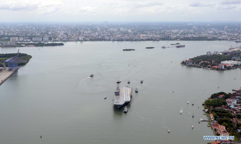 India's first indigenously designed and built aircraft carrier Vikrant begins its sea trials off the coast of Kochi in the southern state of Kerala, India, Aug. 4, 2021. The aircraft carrier is the largest warship built in the country having a displacement of about 40,000 tonnes. It is 262 meters long, 62 meters at the widest part and a height of 59 meters including the superstructure. (UNI via Xinhua)