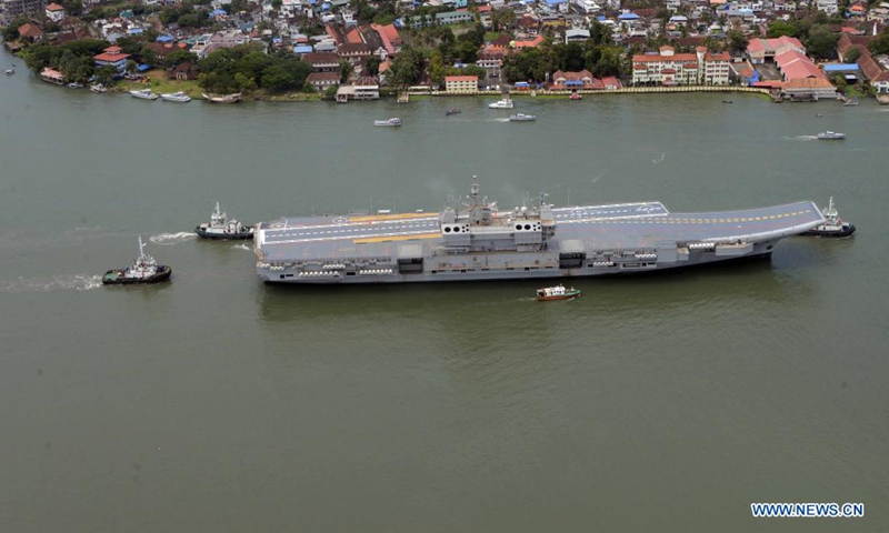 India's first indigenously designed and built aircraft carrier Vikrant begins its sea trials off the coast of Kochi in the southern state of Kerala, India, Aug. 4, 2021. The aircraft carrier is the largest warship built in the country having a displacement of about 40,000 tonnes. It is 262 meters long, 62 meters at the widest part and a height of 59 meters including the superstructure. (UNI via Xinhua)