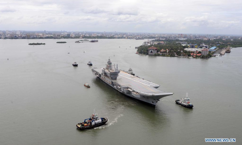 India's first indigenously designed and built aircraft carrier Vikrant begins its sea trials off the coast of Kochi in the southern state of Kerala, India, Aug. 4, 2021. The aircraft carrier is the largest warship built in the country having a displacement of about 40,000 tonnes. It is 262 meters long, 62 meters at the widest part and a height of 59 meters including the superstructure. (UNI via Xinhua)