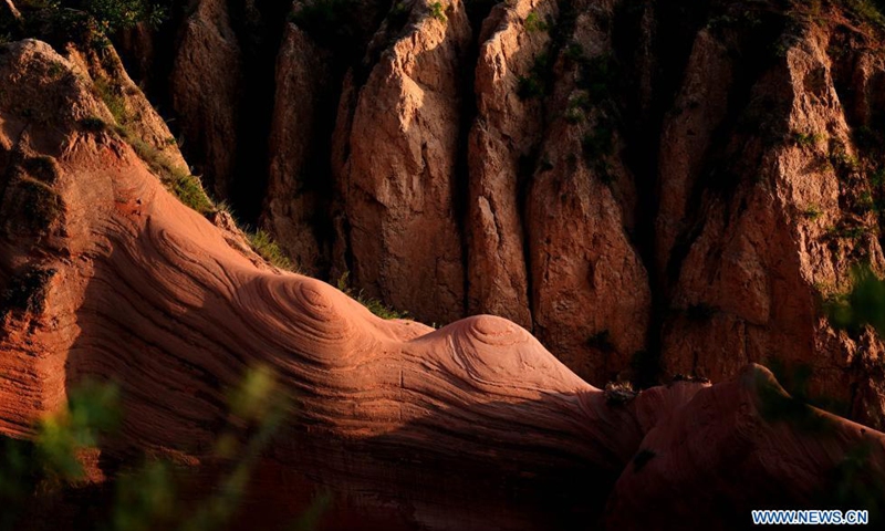 Aerial photo taken on Aug. 6, 2021 shows the Danxia landform, a landscape characterized by reddish sandstone features, in sunrise in Longzhou Town of Jingbian County, northwest China's Shaanxi Province.Photo:Xinhua