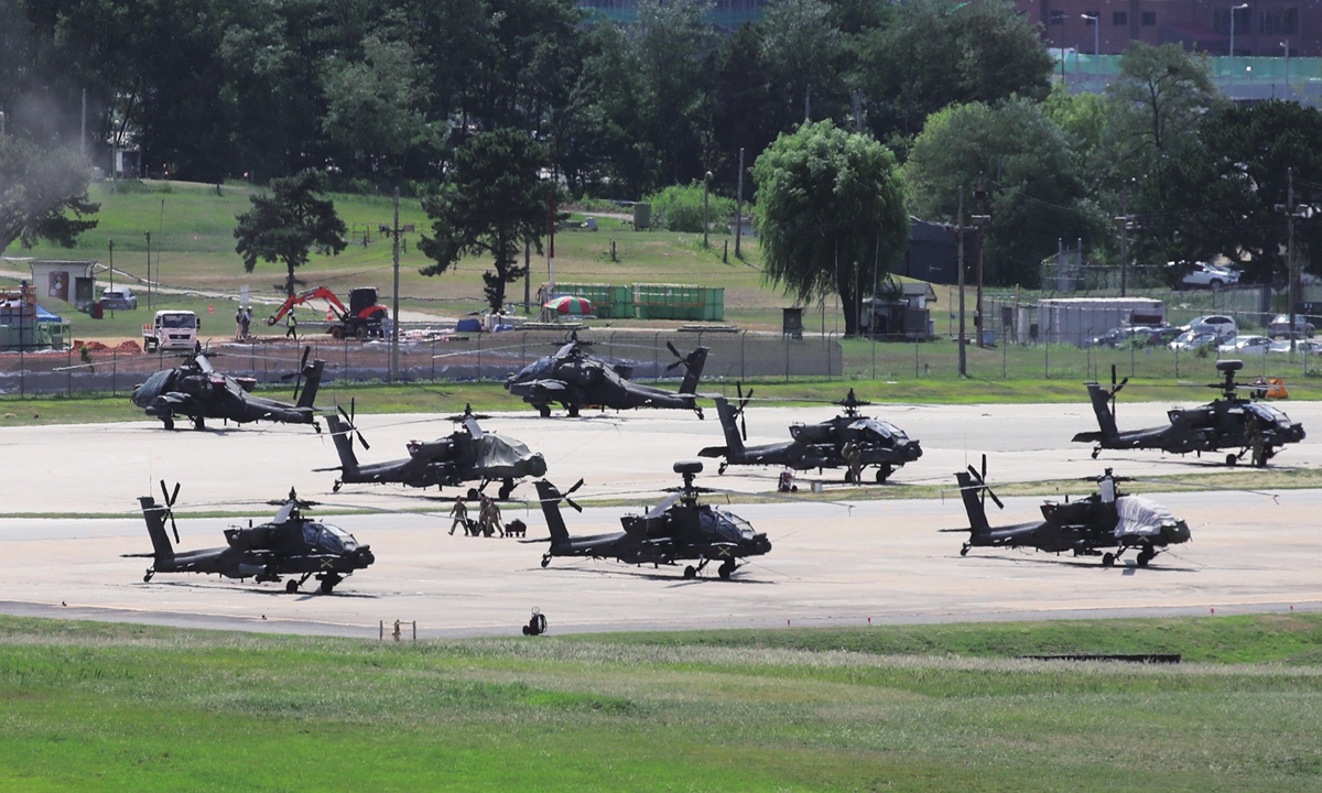 AH-64A Apache Attack Helicopters at US Army base Camp Humphreys in Pyeongtaek, South Korea on Monday. South Korea and the US will begin military drills on Tuesday, the Yonhap news agency reported on Monday, despite North Korea’s warning that the exercises would dent signs of an inter-Korean thaw. Photo: VCG