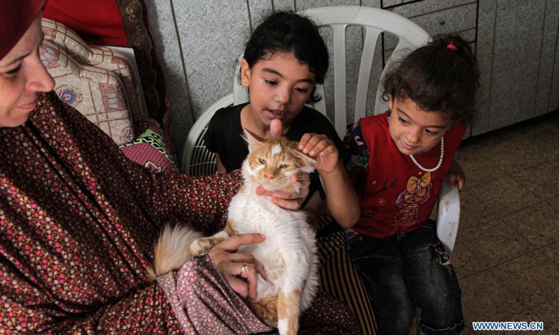 Members of Abu al-Khair family take care of a cat inside their house at Al-Shati refugee camp in Gaza City, on Aug. 8, 2021. Abu al-Khair family turned their home into a shelter to help stray cats in need, despite their difficult living conditions.(Photo: Xinhua)