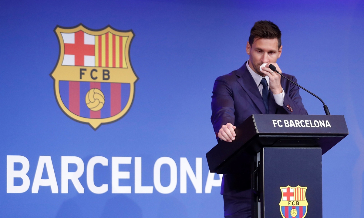 Lionel Messi gets emotional during a press conference to explain his version of the reasons for his departure from FC Barcelona in Barcelona, Spain on Sunday. Photo: IC