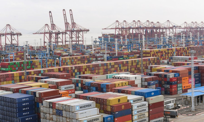 Aerial photo taken on March 3, 2021 shows containers piled up at the Ningbo Zhoushan Port in Ningbo, east China's Zhejiang Province. Photo: Xinhua