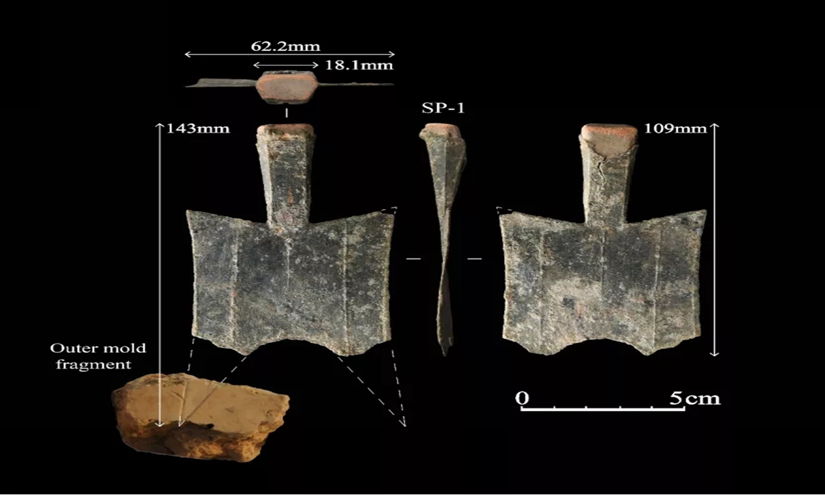 Spade coins uncovered in the copper casting workshop at a Guanzhuang site in Xingyang, Zhengzhou, Central China's Henan Province, by researchers from Zhengzhou University. Photo: Xinhua News Agency