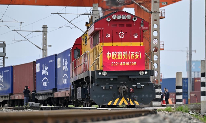 The X9041 train leaves Xi'an International Port for Kazakhstan in Xi'an, northwest China's Shaanxi Province, April 13, 2021. Xi'an, capital of northwest China's Shaanxi Province, on Tuesday saw the 1,000th China-Europe freight train trip this year. Photo: Xinhua