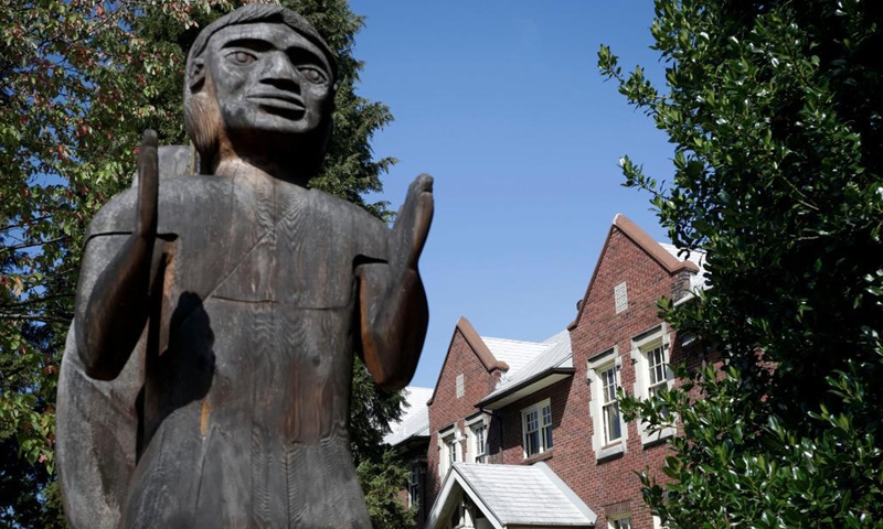 Photo taken on Aug. 10, 2021 shows a memorial at the site of the former St. Paul Indian Residential School in North Vancouver, British Columbia, Canada. Three British Columbia First Nations said they will work together to investigate the disappearance of indigenous children at the site of the former St. Paul's Indian Residential School in North Vancouver on Tuesday.(Phhoto: Xinhua)