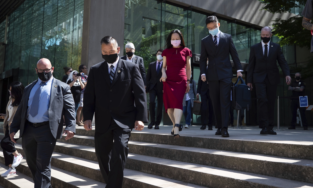 Meng Wanzhou, chief financial officer of Huawei, leaves the B.C. Supreme Court during a break in her extradition hearing on Tuesday local time in Vancouver, British Columbia. Photo: VCG