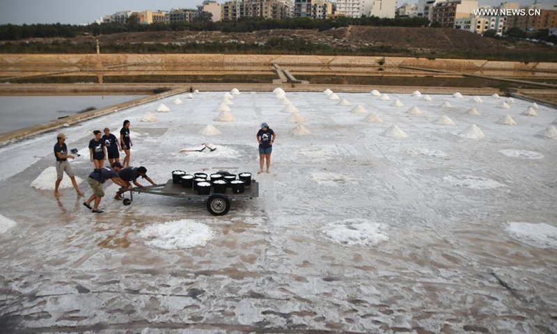 People harvest salt in a salt pan in Salina, Malta, on Aug. 12, 2021.Photo:Xinhua