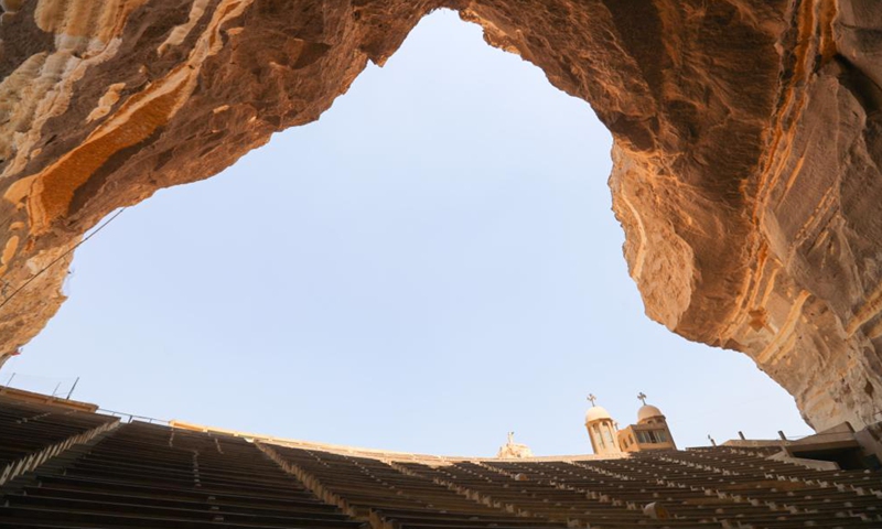 Photo taken on Aug. 12, 2021 shows the Cave Church on Mokattam Mountain in Cairo, Egypt. Built into the cave on Mokattam Mountain in 1970s, the church can accommodate up to 20,000 people.Photo:Xinhua