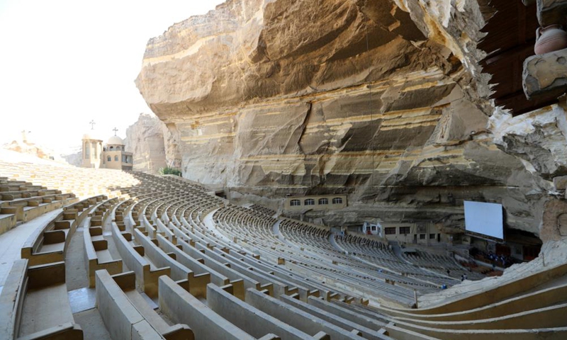 Photo taken on Aug. 12, 2021 shows the Cave Church on Mokattam Mountain in Cairo, Egypt. Built into the cave on Mokattam Mountain in 1970s, the church can accommodate up to 20,000 people.Photo:Xinhua