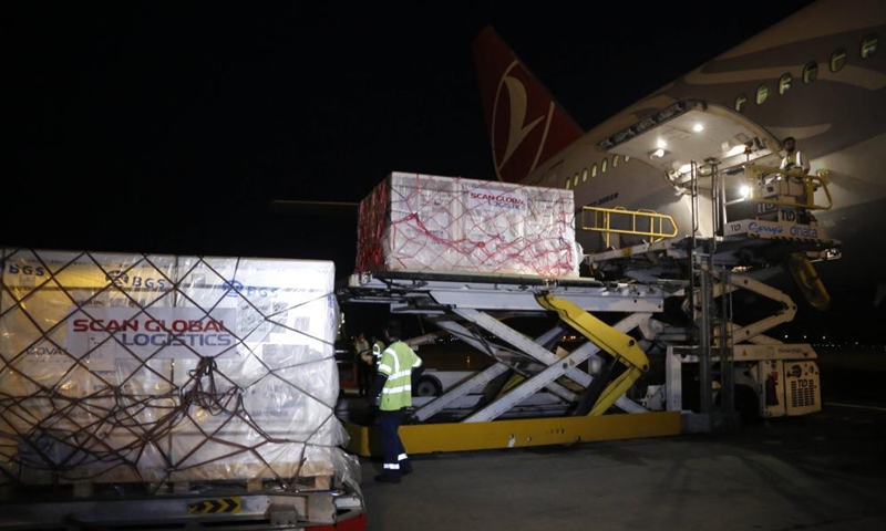 Staff members unload Chinese Sinopharm COVID-19 vaccines at Islamabad International Airport in Islamabad, capital of Pakistan, Aug. 11, 2021. The first batch of COVID-19 vaccine that China provided to the COVAX facility was officially handed over to Pakistan during a ceremony held here on Thursday. Early Wednesday morning, a batch of over 970,000 doses of Chinese Sinopharm COVID-19 vaccine arrived at Islamabad International Airport.Photo:Xinhua