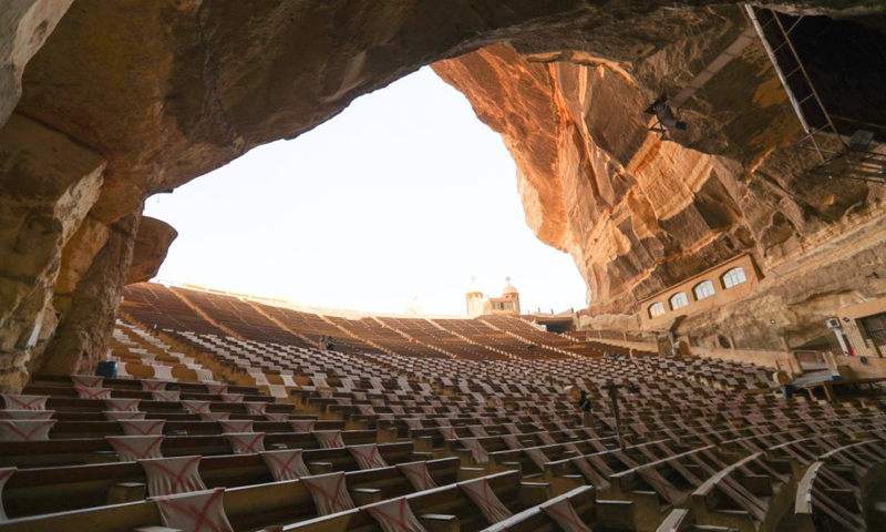 Photo taken on Aug. 12, 2021 shows the Cave Church on Mokattam Mountain in Cairo, Egypt. Built into the cave on Mokattam Mountain in 1970s, the church can accommodate up to 20,000 people.Photo:Xinhua