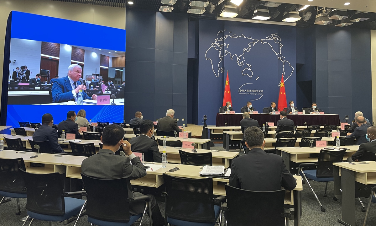 Russian Ambassador to China Andrey Denisov voices support for science-based coronavirus origins tracing at a briefing in Beijing on Friday. Photo: Chen Qingqing/GT