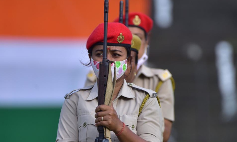 Indian policemen take part in a full dress rehearsal ahead of India's Independence Day in Nagaon district of India's northeastern state of Assam, Aug. 13, 2021.Photo:Xinhua