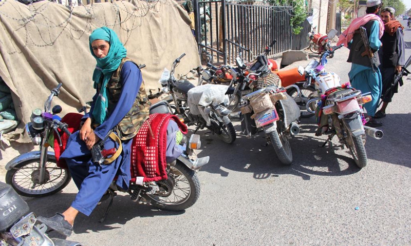 Taliban militants are seen in Herat province, Afghanistan, Aug. 13, 2021. The Afghan Taliban said their members overran three more provincial capitals on Friday, after they have taken control over a dozen cities within a week.Photo:Xinhua
