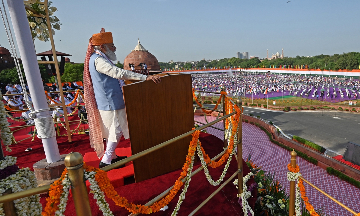India's Prime Minister Narendra Modi addresses the nation from the ramparts of the Red Fort during the celebrations to mark the country's 75th Independence Day in New Delhi on Sunday. Photo: AFP