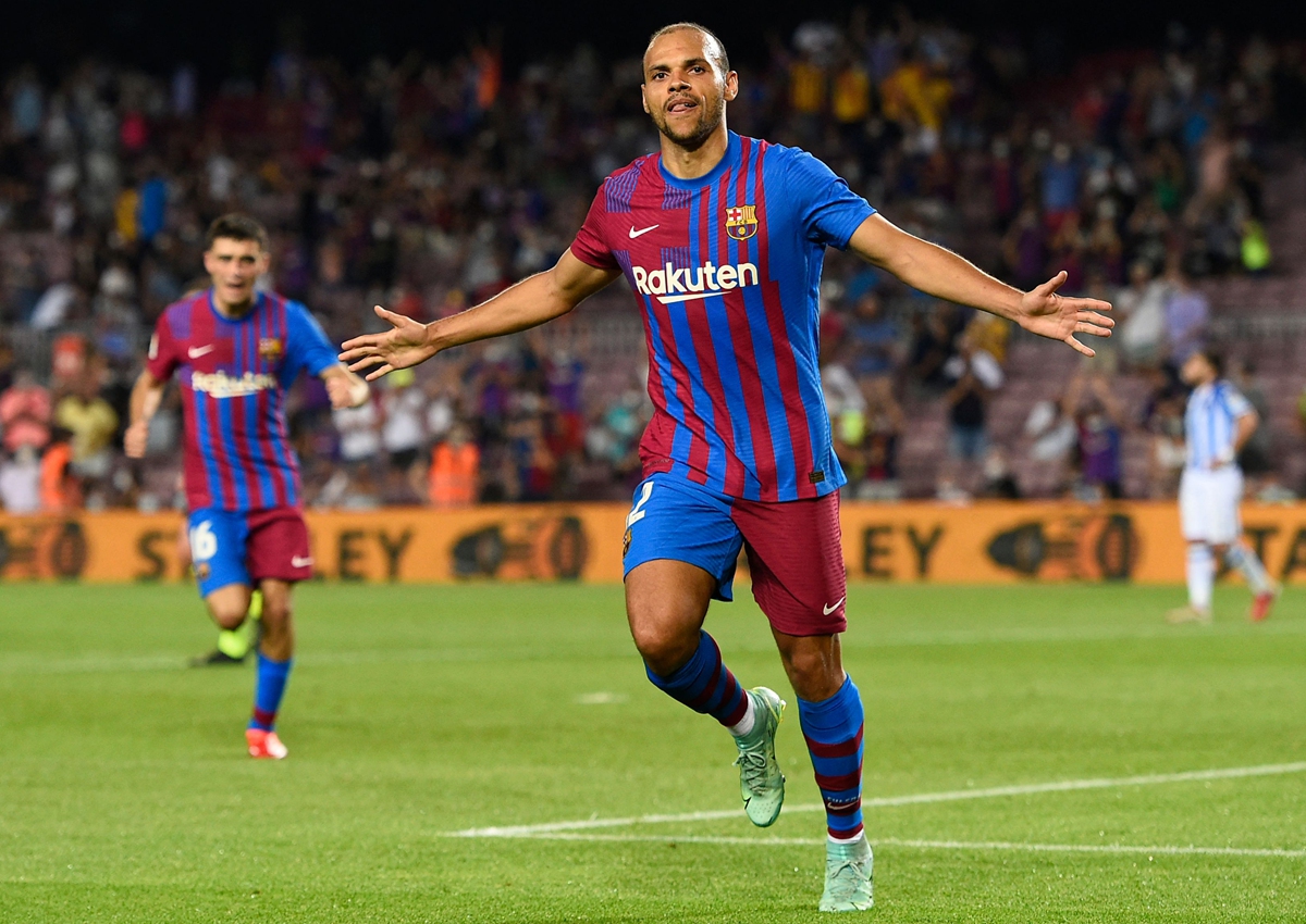 Barcelona forward Martin Braithwaite celebrates after scoring his second goal during the match against Real Sociedad at the Camp Nou stadium in Barcelona, Spain on Sunday. Photo: VCG