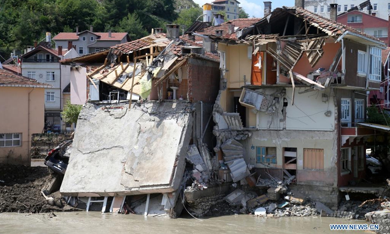 Photo taken on Aug. 16, 2021 shows the flood-hit area in the town of Abana, Kastamonu province, Turkey. At least 74 people died and 47 others went missing in severe floods and mudslides in the Black Sea region of Turkey, the country's disaster agency said on Monday. Floods caused by heavy rain hit the Black Sea region in the north of the country on Aug. 11, leaving 62 dead in the province of Kastamonu.(Photo: Xinhua)