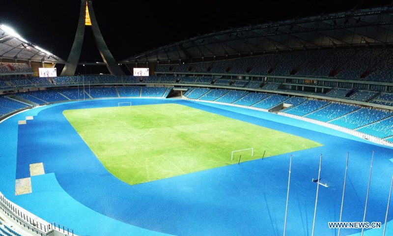 Aerial photo taken on July 28, 2021 shows the China-funded national stadium in Phnom Penh, capital of Cambodia. Construction work on a China-funded national stadium in Phnom Penh, capital of Cambodia, had been completed despite the impact of COVID-19, Minister of Tourism Thong Khon said on Tuesday. (China State Construction Engineering Corporation/Handout via Xinhua)
