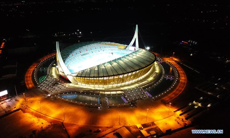 Aerial photo taken on July 28, 2021 shows the China-funded national stadium in Phnom Penh, capital of Cambodia. Construction work on a China-funded national stadium in Phnom Penh, capital of Cambodia, had been completed despite the impact of COVID-19, Minister of Tourism Thong Khon said on Tuesday. (China State Construction Engineering Corporation/Handout via Xinhua)
