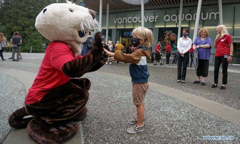 A child interacts with the Vancouver Aquarium's mascot Ollie the Sea Otter at the aquarium in Vancouver, British Columbia, Canada, on Aug. 16, 2021. The Vancouver Aquarium reopened to the public on Monday after being closed for more than a year due to the COVID-19 pandemic. (Photo by Liang Sen/Xinhua)