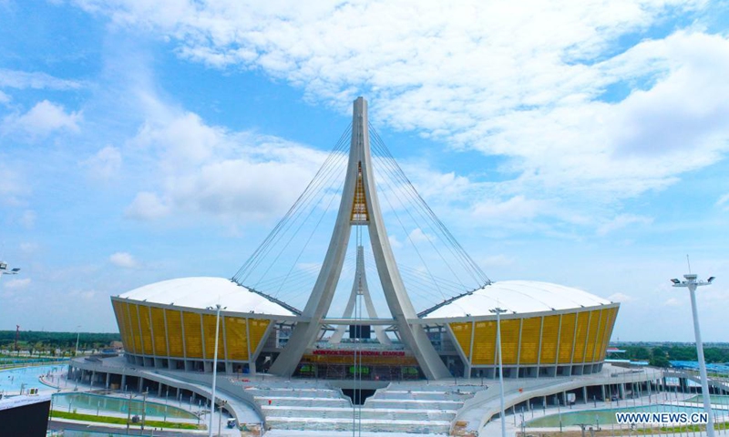 Aerial photo taken on May 17, 2021 shows the China-funded national stadium in Phnom Penh, capital of Cambodia. Construction work on a China-funded national stadium in Phnom Penh, capital of Cambodia, had been completed despite the impact of COVID-19, Minister of Tourism Thong Khon said on Tuesday. (China State Construction Engineering Corporation/Handout via Xinhua)
