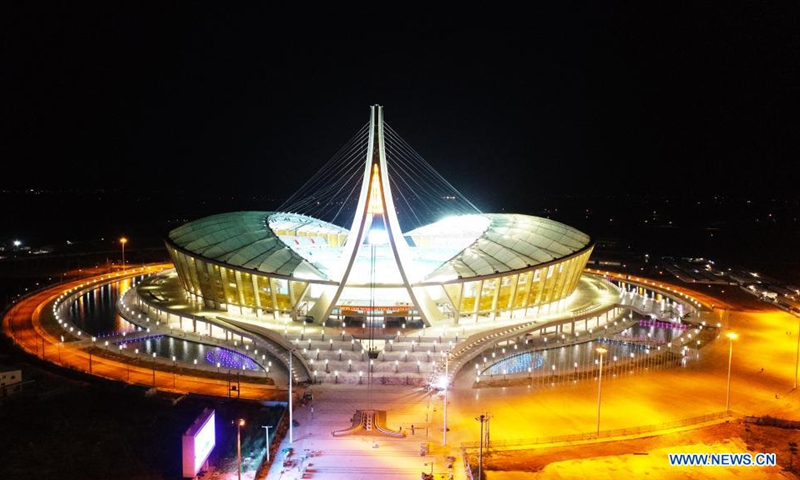 Aerial photo taken on July 28, 2021 shows the China-funded national stadium in Phnom Penh, capital of Cambodia. Construction work on a China-funded national stadium in Phnom Penh, capital of Cambodia, had been completed despite the impact of COVID-19, Minister of Tourism Thong Khon said on Tuesday. (China State Construction Engineering Corporation/Handout via Xinhua)