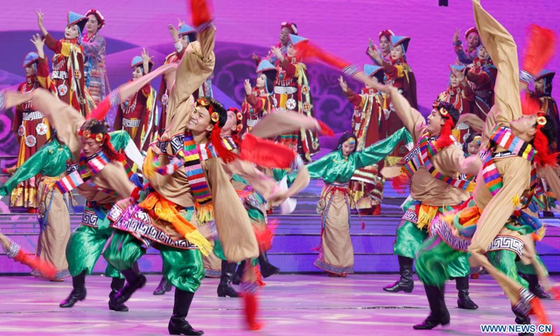 A grand gala is held in celebration of the 70th anniversary of the peaceful liberation of Tibet, in Lhasa, capital of southwest China's Tibet Autonomous Region, Aug. 19, 2021.Photo:Xinhua