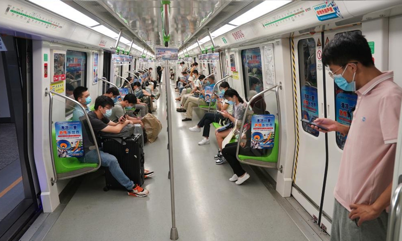 Passengers take subway line No. 1 in Nanjing, east China's Jiangsu Province, Aug. 20, 2021.Photo:Xinhua