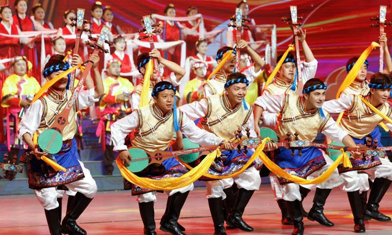 A grand gala is held in celebration of the 70th anniversary of the peaceful liberation of Tibet, in Lhasa, capital of southwest China's Tibet Autonomous Region, Aug. 19, 2021.Photo:Xinhua