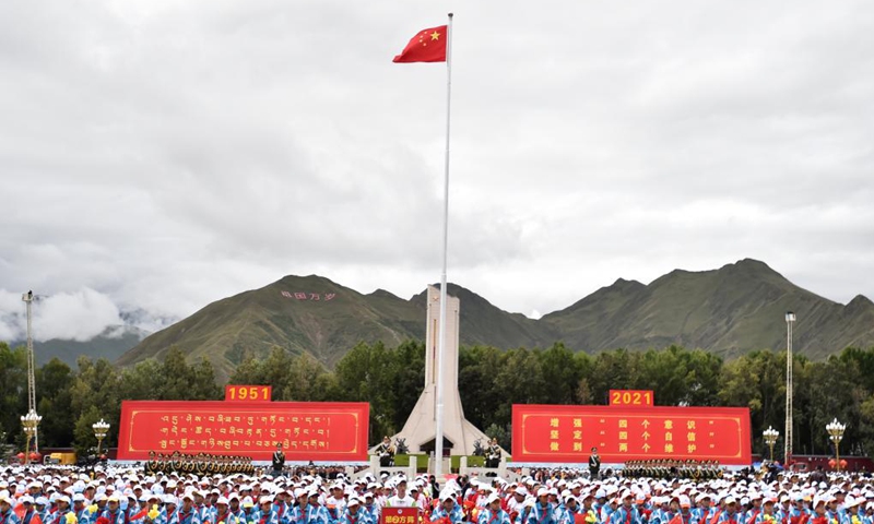 A grand gathering is held to celebrate the 70th anniversary of the peaceful liberation of Tibet at the Potala Palace square in Lhasa, southwest China's Tibet Autonomous Region, Aug. 19, 2021. More than 20,000 people from various ethnic groups attended the event held in Lhasa.Photo:Xinhua