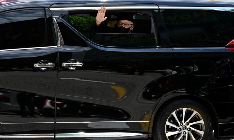Ismail Sabri Yaakob waves to the media as he leaves his residence for the national palace in Kuala Lumpur, Malaysia, on Aug. 21, 2021. Ismail Sabri Yaakob was sworn in as Malaysia's new prime minister on Saturday.Photo:Xinhua