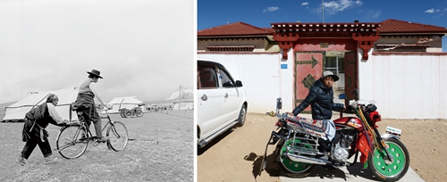In this combo photo, the left part shows a herdsman learning to ride a bicycle in Nyainrong, Nagqu in 1980s; and the right part ishows a youngster posing with a motorcycle in Nyainrong in 2017. Photos: Xinhua