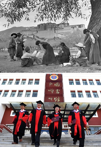 In this combo photo, the upper part shows primary school students practicing drawing in front of the Potala Palace in the 1950s; and the lower part on November 10, 2017 shows doctorate holders.  Photos: Xinhua
