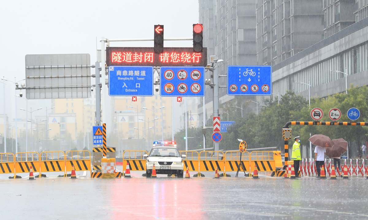 An underground tunnel in downtown Zhengzhou, Central China's Henan Province, is closed on Sunday due to heavy rain. Photo: IC