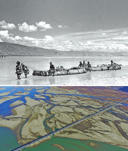Combo photo shows boats made from cowhide carrying grain and products on the Yarlung Zangbo River in 1950s (up) and a grand bridge over the Yarlung Zangbo River in Zhanang county of Shannan, December, 2016 (bottom).  Photos: Xinhua