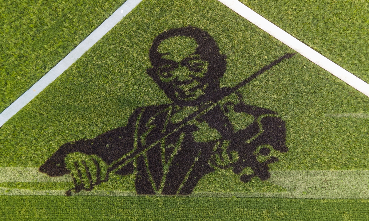 Farmers in SW China's Chongqing Municipality made a beautiful rice color painting  to celebrate the centenary of the founding of the party. Aerial footage shows the image of Yuan Longping, the father of hybrid rice in China, in a vast rice field. Photo: IC