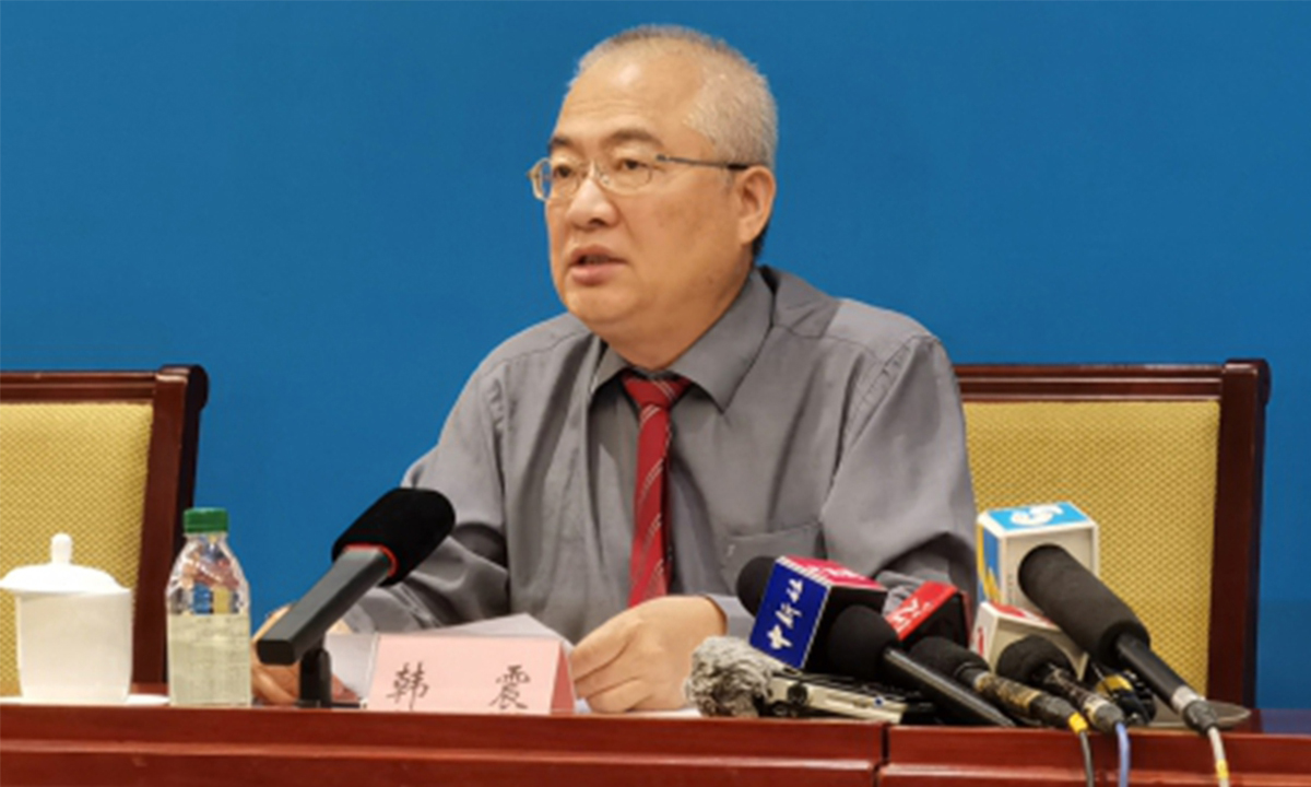 Han Zhen, a member of the National Textbook Committee, introduces a guideline to incorporate Xi Jinping Thought on Socialism with Chinese Characteristics for a New Era into the curriculum at a Tuesday press conference. Photo: MOE