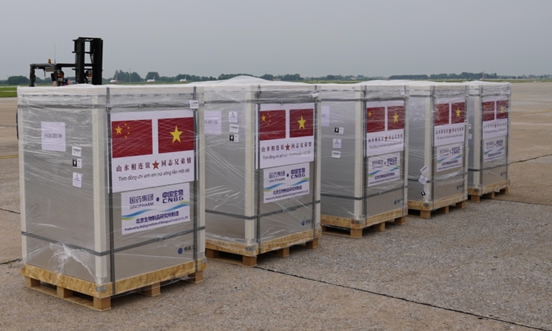 Photo taken on Aug. 23, 2021, shows packages of China's Sinopharm COVID-19 vaccines arriving at Noi Bai International Airport in Hanoi, Vietnam. (Photo courtesy of the Chinese Embassy in Vietnam) 